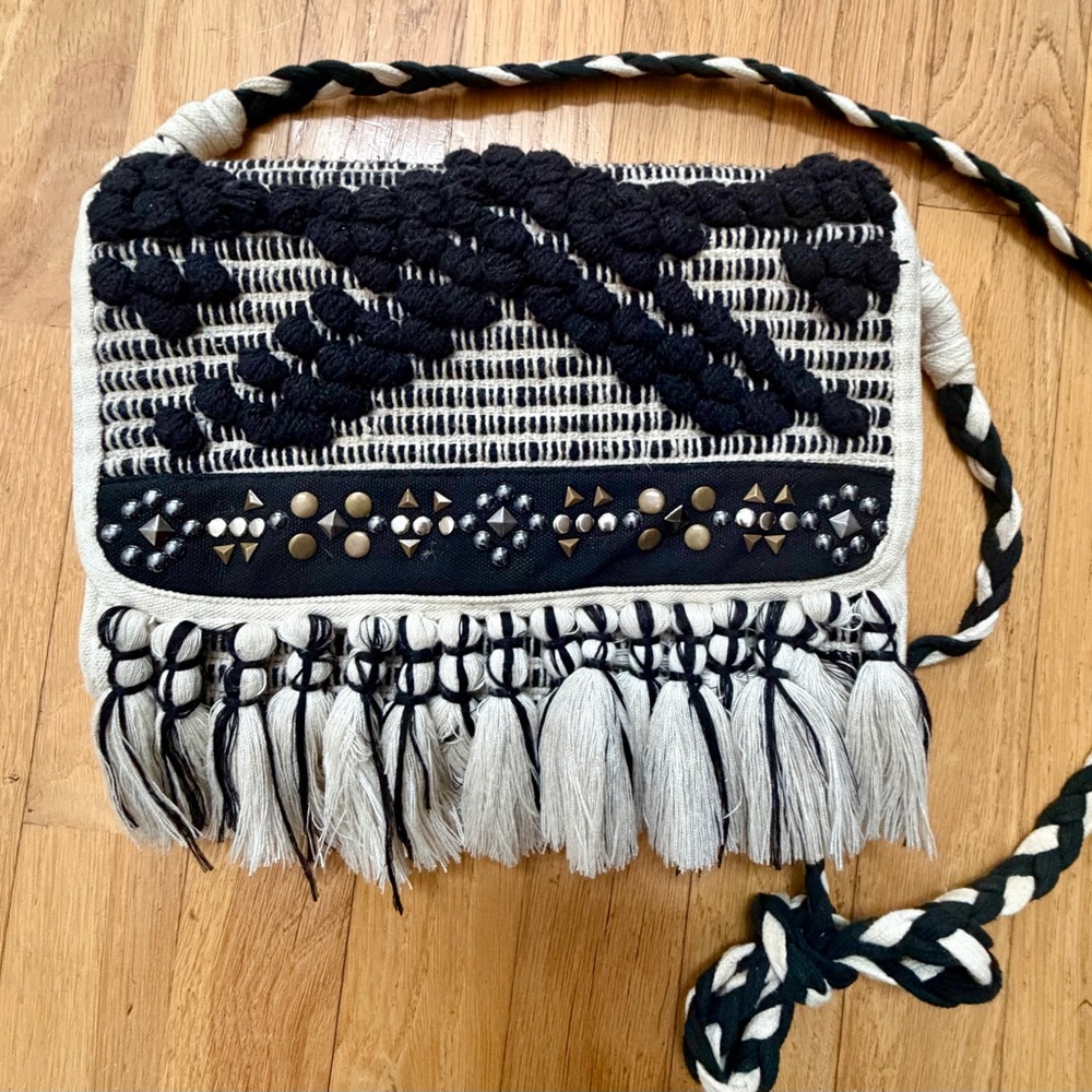 Boho Black Ivory Crossbody Woven Bag Tasseled Studded Chic